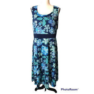 BFA Classics Midi Dress in Blue and Green Floral Print, Size 12
